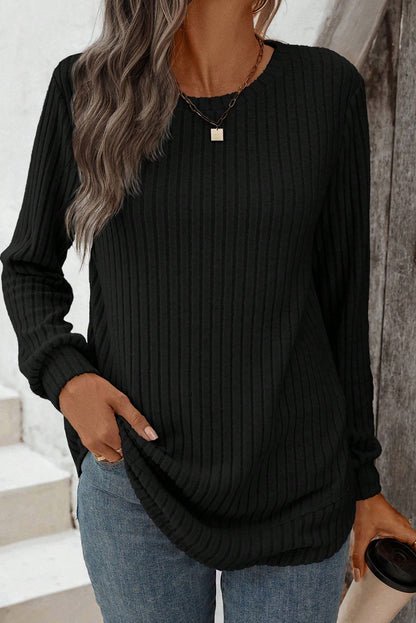 Ribbed Texture Round Neck Long Sleeve Rounded Hem Top