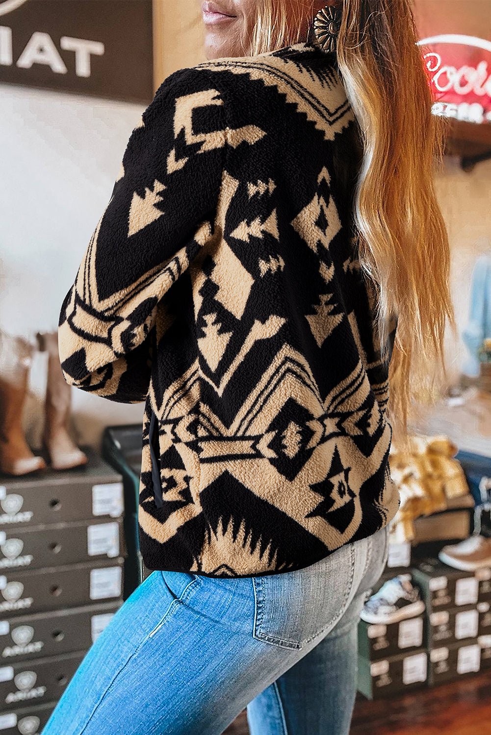 Beige Vintage Geometric Half Zip Plush Sweatshirt