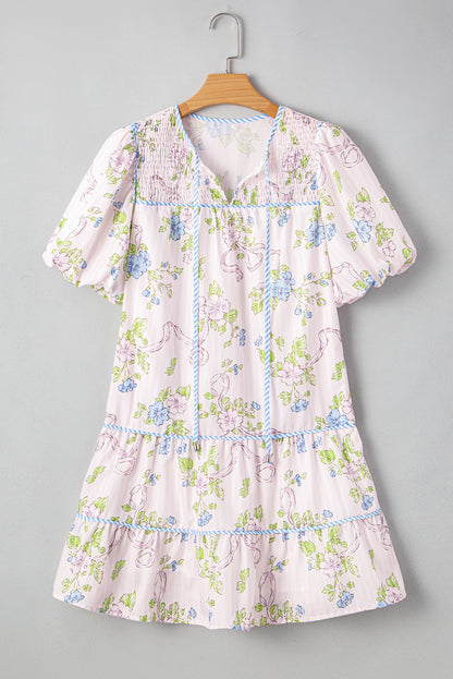 Pink Floral Striped Print Contrast Trim Tie Split Neck Mini Dress