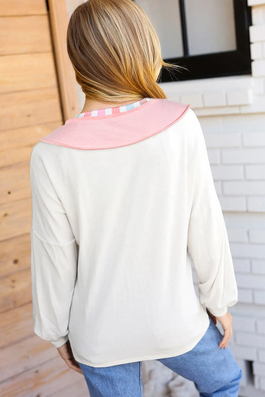 White Rainbow Striped V Neck Colorblock French Terry Top
