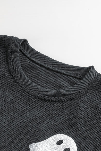Blue Halloween Ghost Corded Crew Neck Loose Sweatshirt