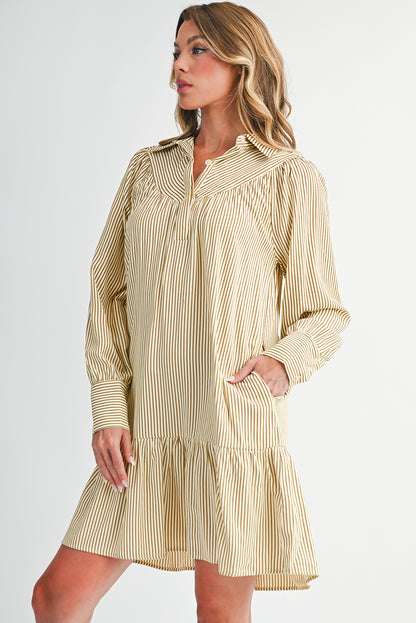 Brown Striped Shirt Collar Ruffle Hem Long Sleeve Dress