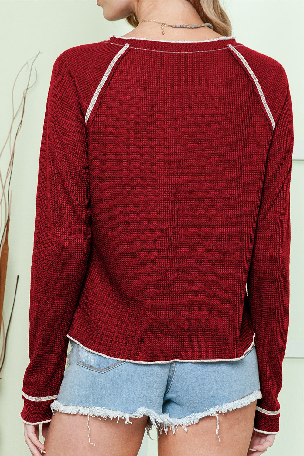 Red Exposed Seam Textured Pullover Long Sleeve Top