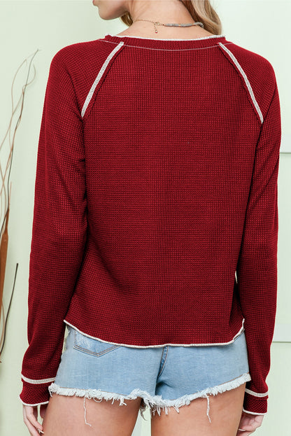 Red Exposed Seam Textured Pullover Long Sleeve Top