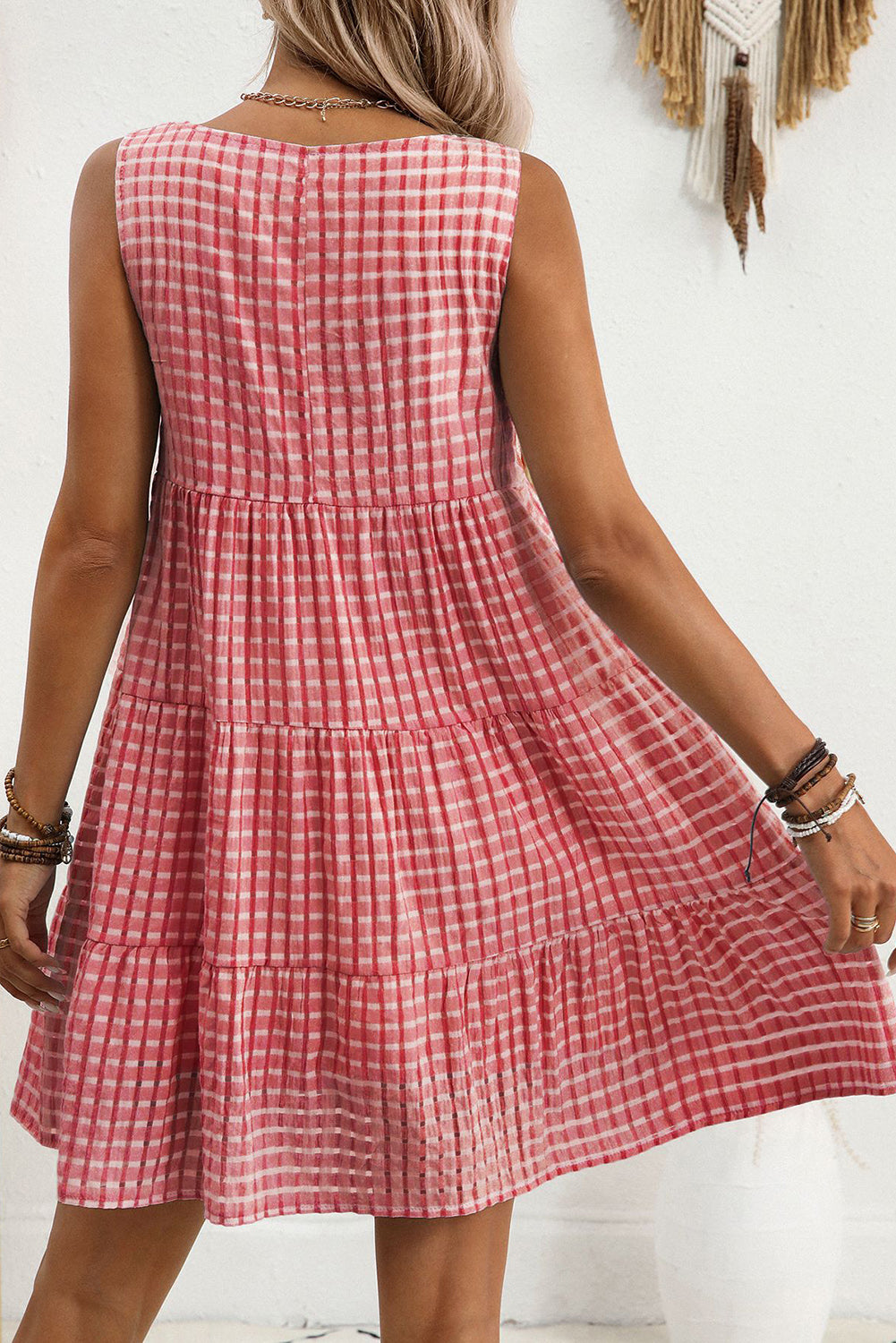 Light Blue Gingham High Waist Sleeveless Mini Dress