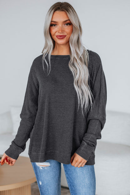 Dark Brown Ribbed Plain Long Sleeve Loose Top