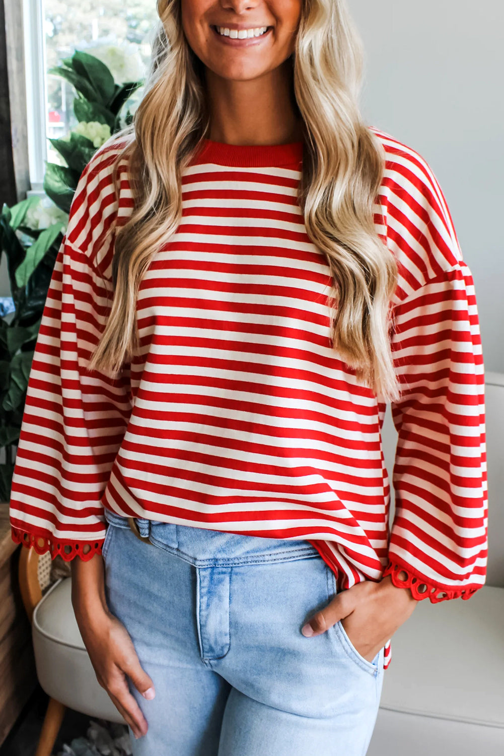Sachet Pink Striped Round Neck Contrast Trim Bell Sleeve Top