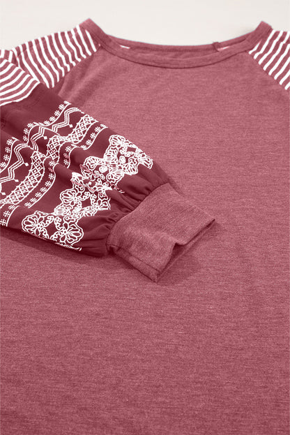 Brown Contrast Print Striped Raglan Long Sleeve Loose Top