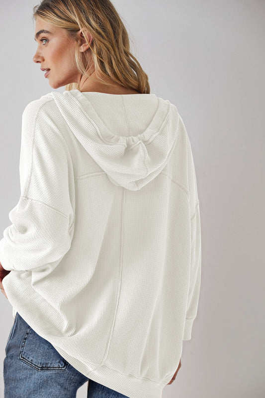 White Oversize Waffle Drop Shoulder Exposed Seam V Neck Hoodie
