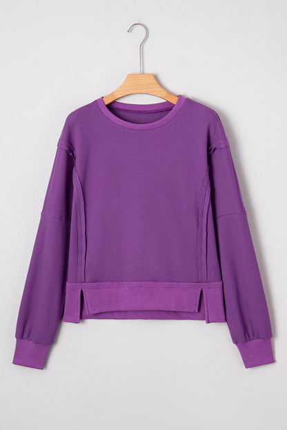 Evergreen Solid Color Raw Seam Patchwork Ribbed Drop Shoulder Sweatshirt