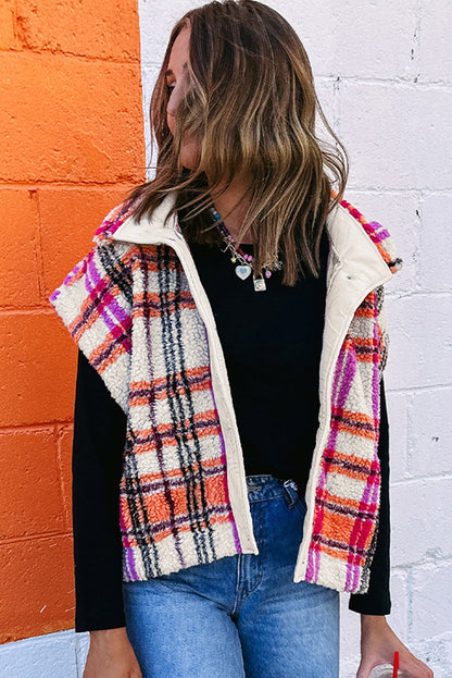 Rose Sherpa Plaid Collared Jacket Vest
