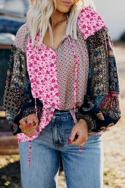 Pink Boho Mixed Floral Patchwork Drop Shoulder Bubble Sleeve Blouse
