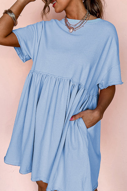 Light Pink Solid Color Pocket Raw Edge Babydoll Dress