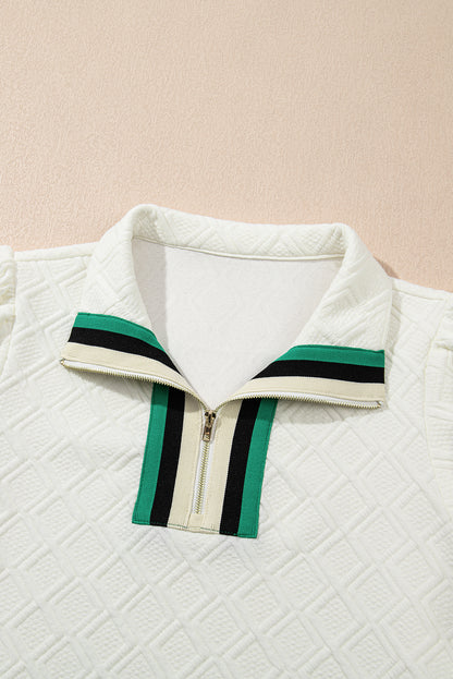 White Pop of Color Neckline Plaid Textured Puff Sleeve Mini Dress