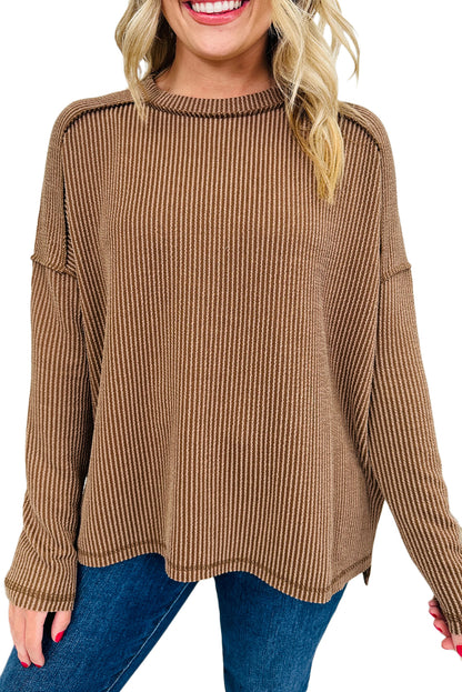 Parchment Twisted Rib Exposed Seam Detail Long Sleeve Loose Top