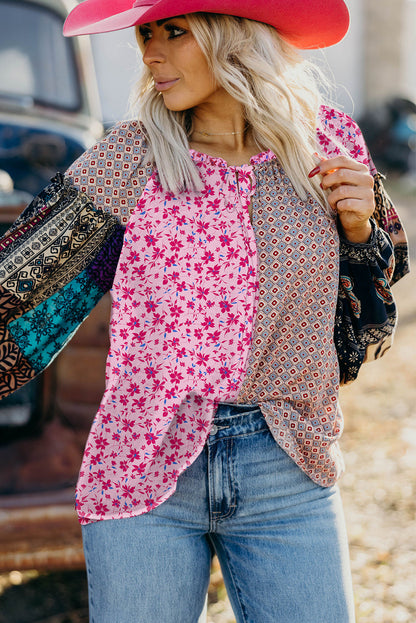 Pink Boho Mixed Floral Patchwork Drop Shoulder Bubble Sleeve Blouse