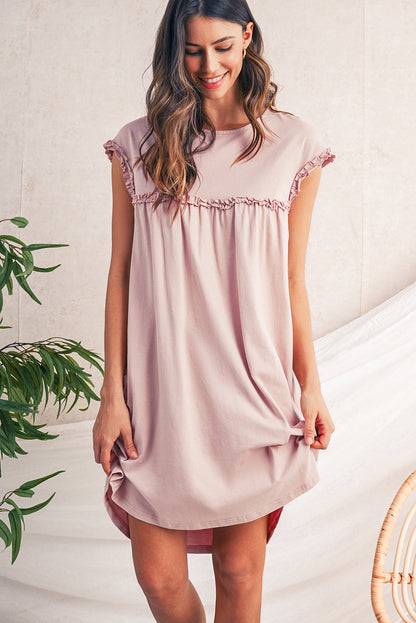 Mint Green Frilled Trim Crewneck Loose Fit Mini Dress