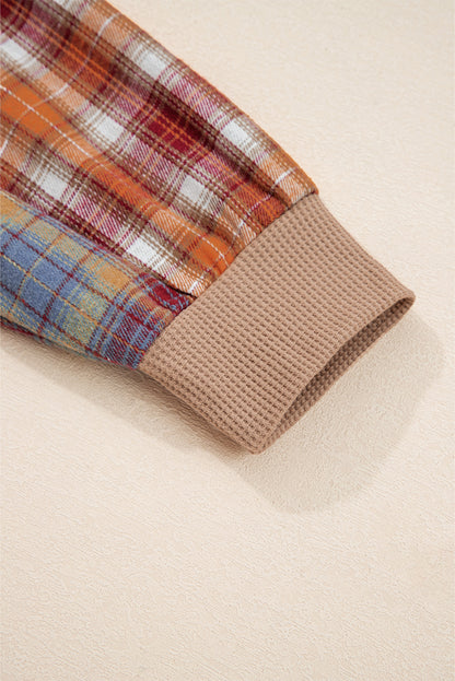 Beige Waffle Stripe Plaid Patchwork Henley Top