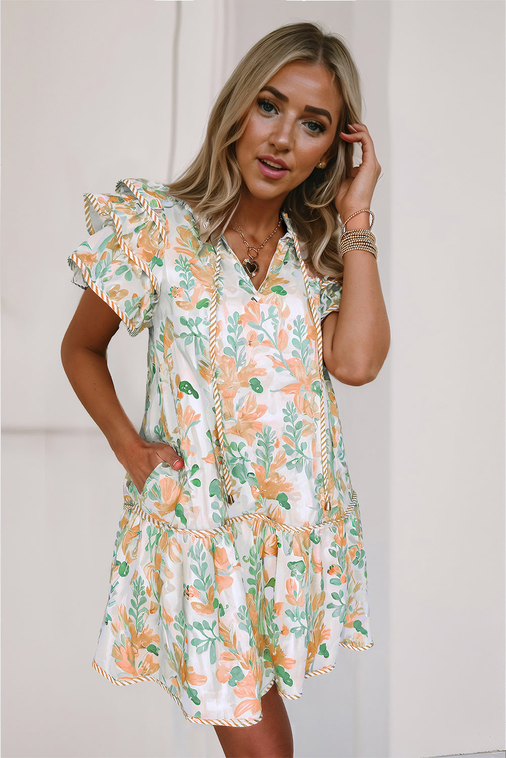 Sky Blue Floral Contrast Edge Ruffle Sleeve Tie Neck Mini Dress