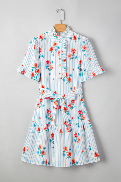 Sky Blue Striped Floral Print Ruffle Belted Mini Dress