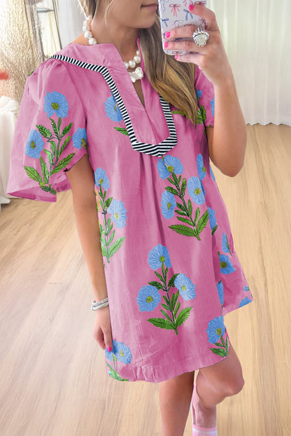 Blue Striped Trim Short Sleeve Split Neck Floral Mini Dress