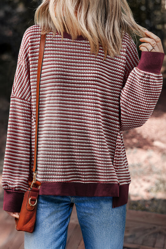 Red Stripe Ribbed Trim Drop Shoulder Long Sleeve Oversized Top