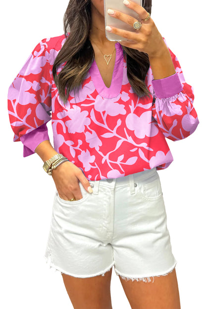 Red Floral Print Split V Neck Cuffed Bracelet Sleeve Blouse