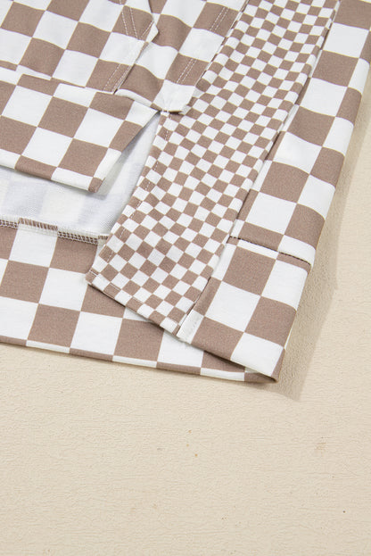 Khaki Double Checkered Patchwork Tie Neck Oversize Hoodie