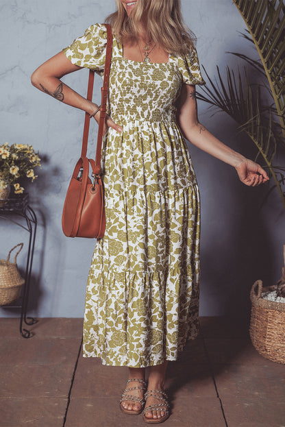 Yellow Boho Floral Print Square Neck Puff Sleeve Tiered Maxi Dress