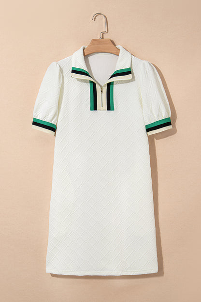 White Pop of Color Neckline Plaid Textured Puff Sleeve Mini Dress