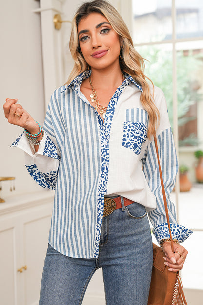 Khaki Leopard Striped Patchwork Button-up Shirt
