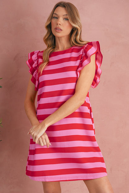 Black Stripe Flutter Sleeve Round Neck Shift Mini Dress