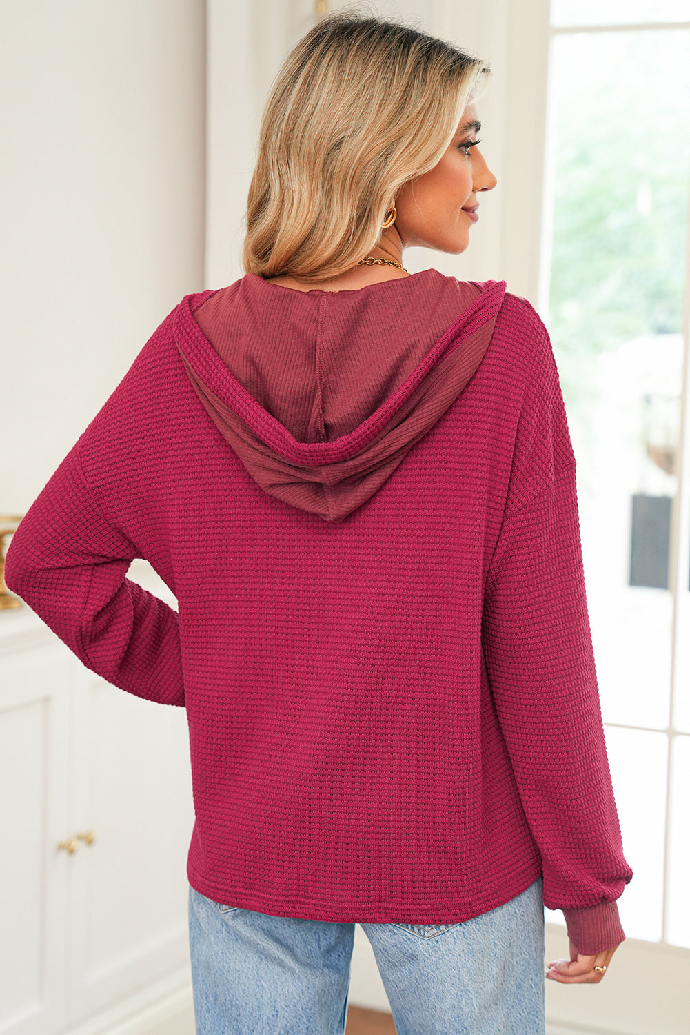 Oatmeal Waffle Patchwork Drop Shoulder Hooded Long Sleeve Top