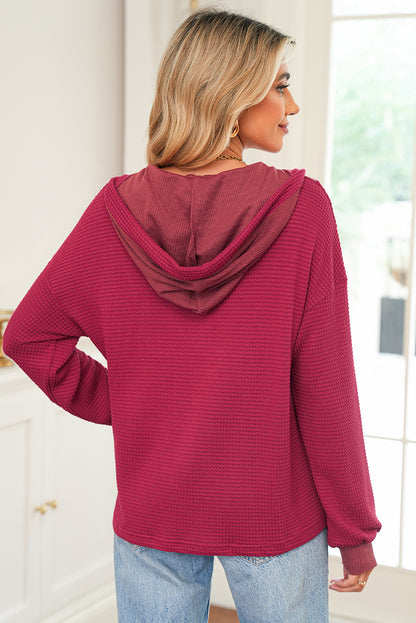 Oatmeal Waffle Patchwork Drop Shoulder Hooded Long Sleeve Top