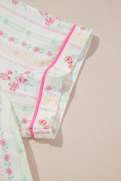 Beige Floral Print Ruffle Hem Shorts Pajama Set