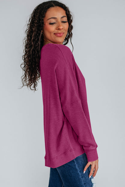 Dark Brown Ribbed Plain Long Sleeve Loose Top