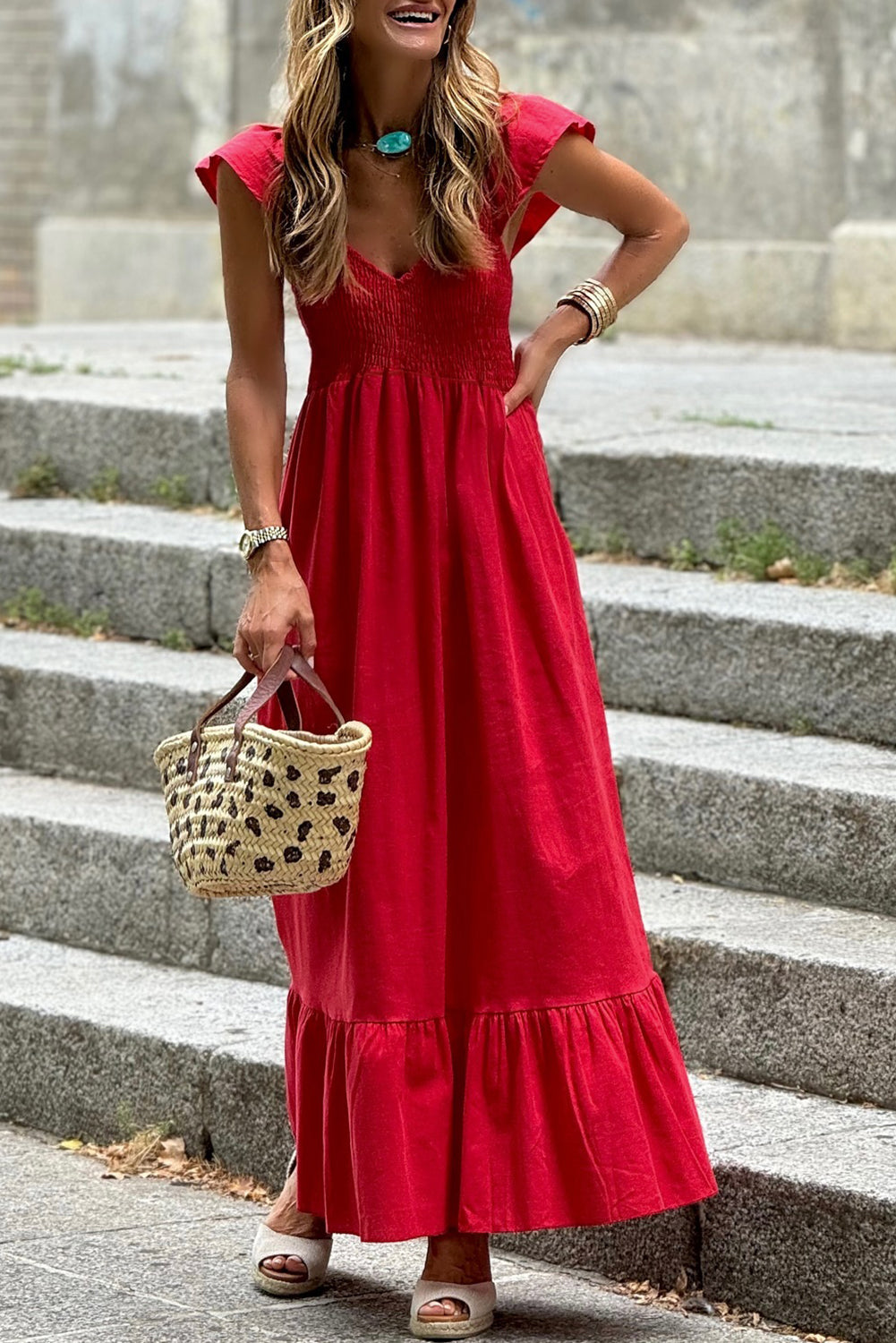 Apricot Pink V Neck Flutter Sleeve Smocked Bodice High Waist Ruffle Maxi Dress