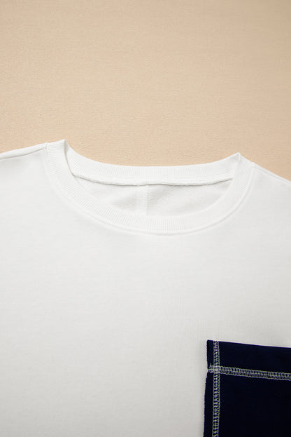 White Denim Patchwork Ribbed Round Neck Pullover Sweatshirt