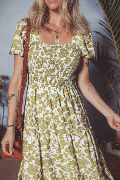 Yellow Boho Floral Print Square Neck Puff Sleeve Tiered Maxi Dress