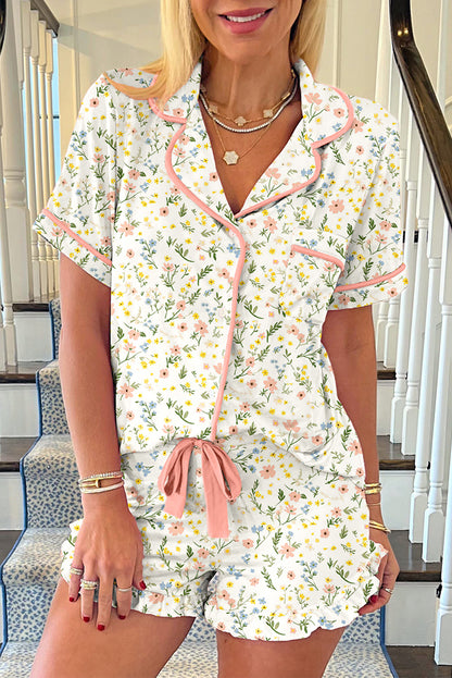 Beige Floral Print Ruffle Hem Shorts Pajama Set