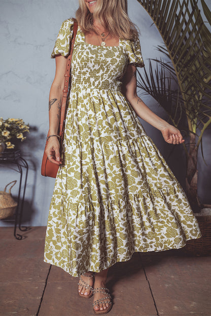 Yellow Boho Floral Print Square Neck Puff Sleeve Tiered Maxi Dress
