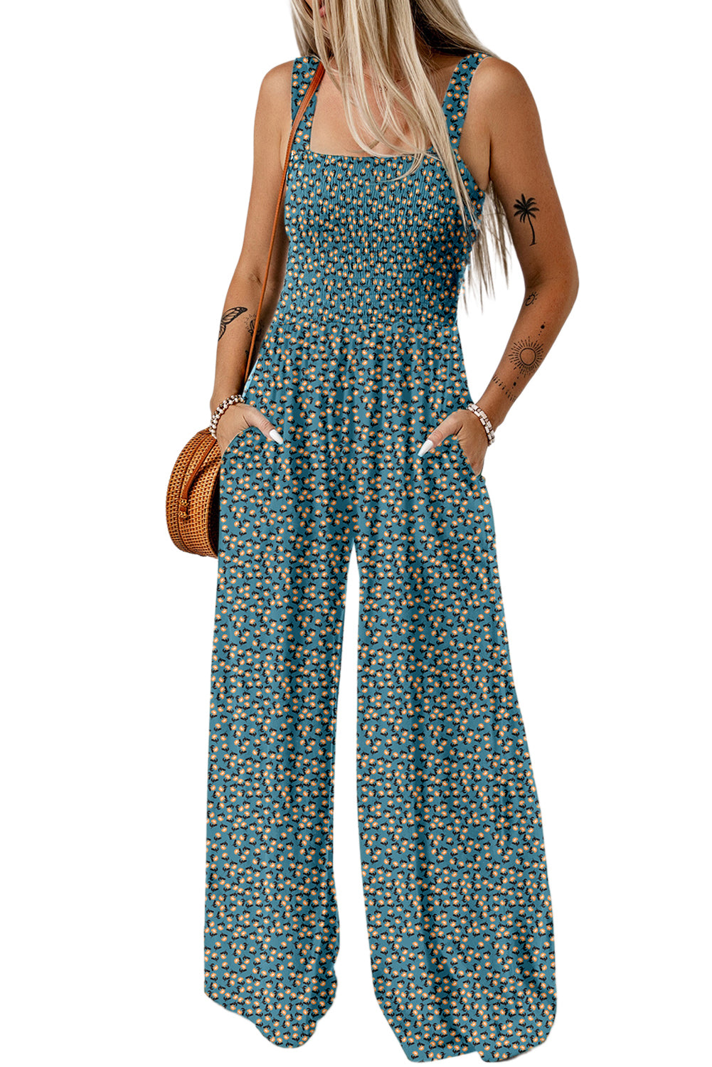 Black Floral Square Neckline Stretch High Waist Jumpsuit