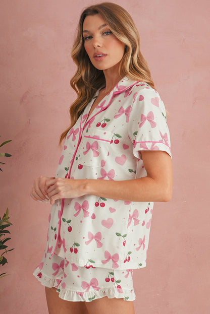 Beige Floral Print Ruffle Hem Shorts Pajama Set