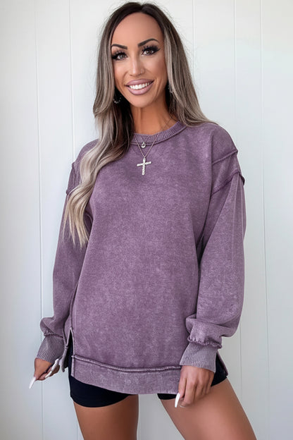 Red Sandalwood Mineral Wash Exposed Seam Side Slit Sweatshirt