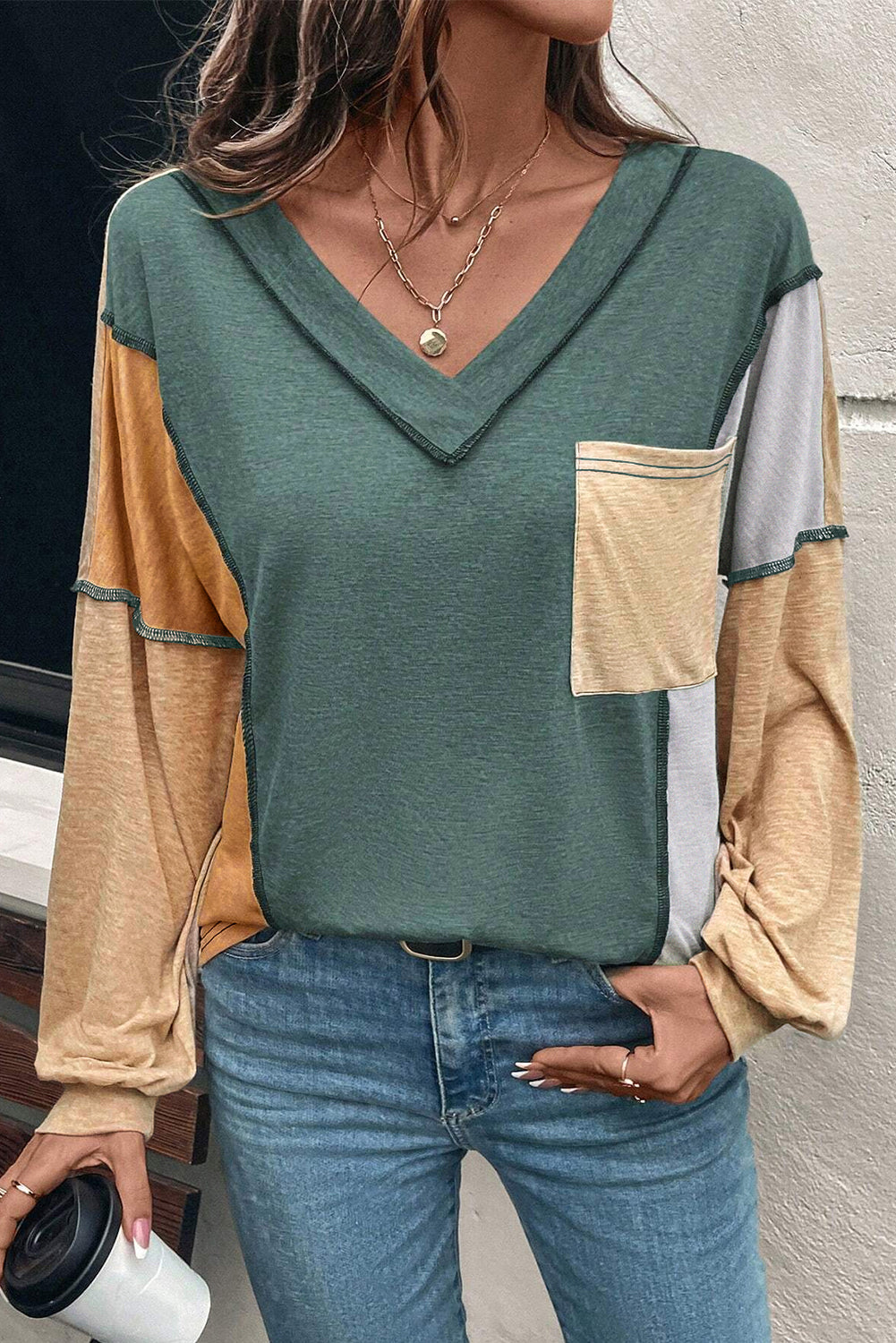 Jungle Green Exposed Stitching Colorblock V Neck Long Sleeve Top
