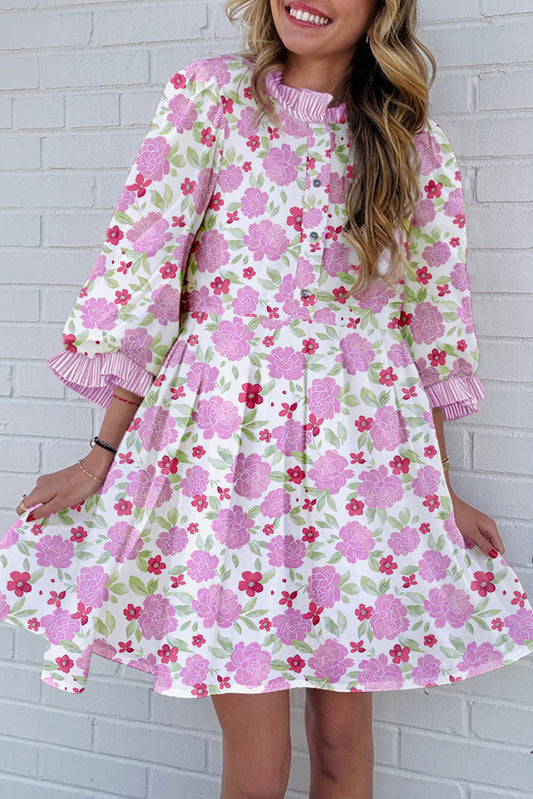 Pink Floral Print Striped Trim Flowy Mini Dress