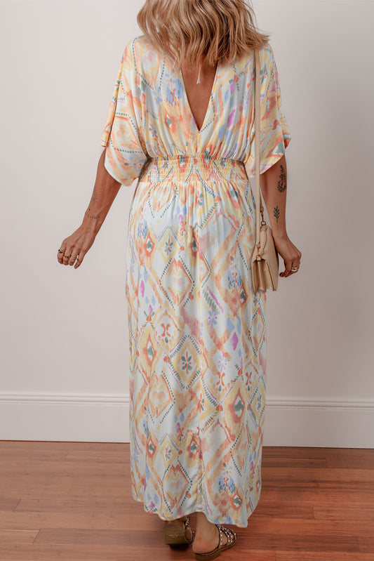Multicolour Geometric Print Half Sleeve High Waist Maxi Dress