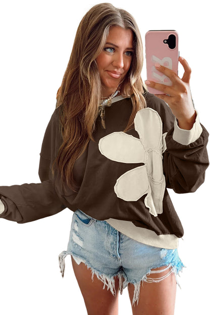 Smoke Green Raw Edge Flower Patch Drop Shoulder Long Sleeve Top