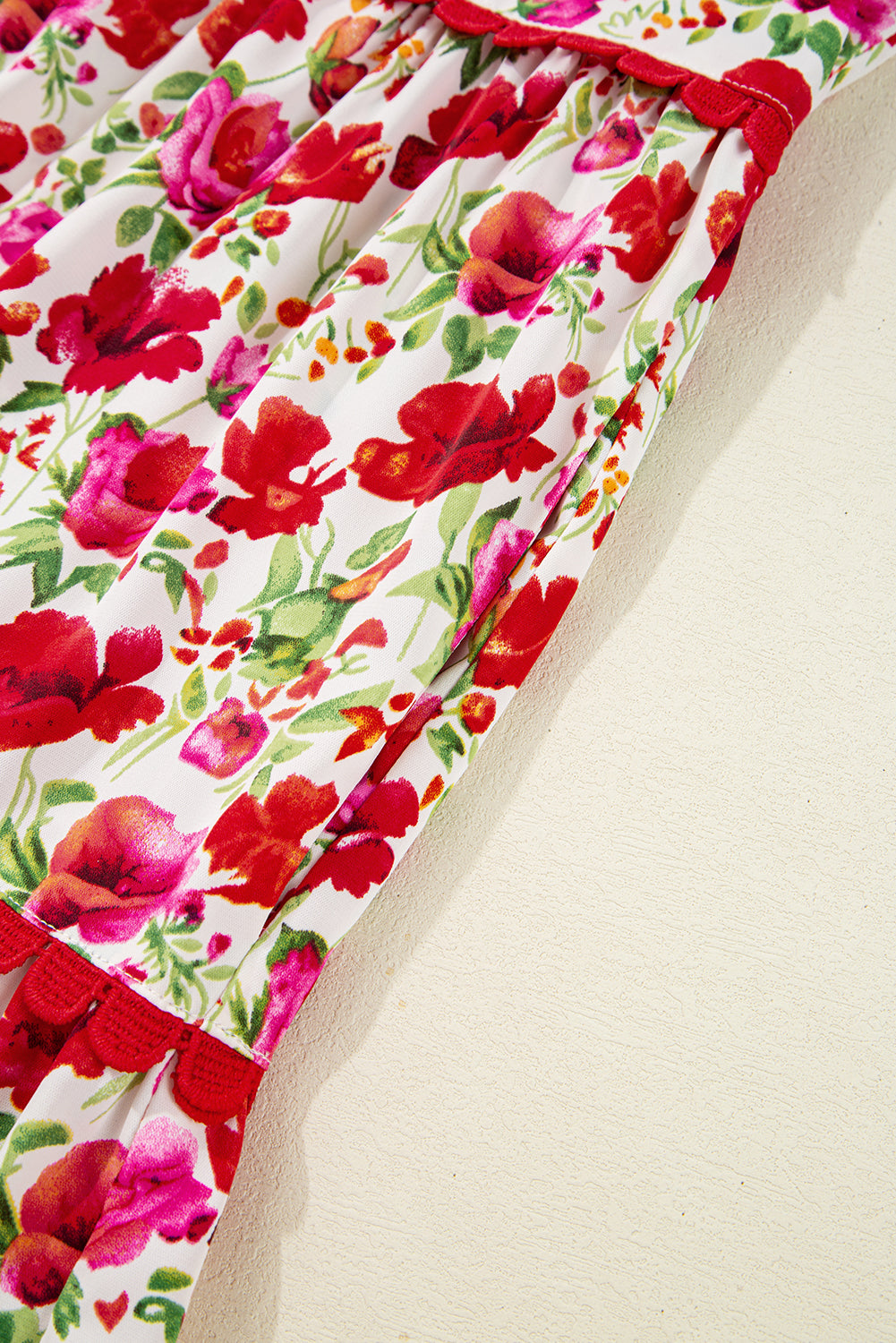 Red Floral Puff Sleeve Tiered Ric Rac Pocketed Mini Dress