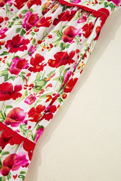 Red Floral Puff Sleeve Tiered Ric Rac Pocketed Mini Dress